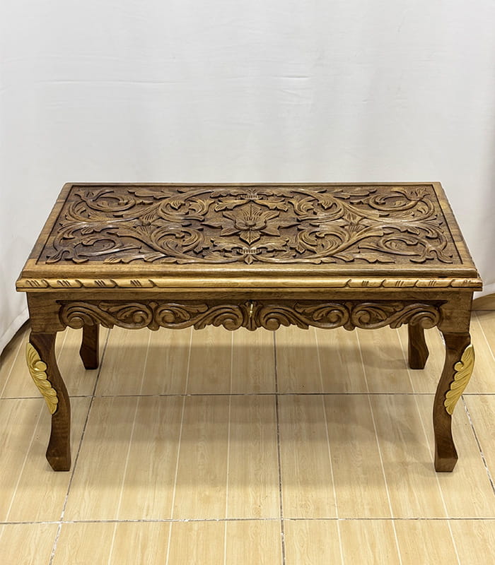 060-1 Maraş El Oyma Ceviz Orta Sehpa – 95x50x45 cm Kapaklı Kilitli Sehpa | Natural Model - Görsel 1