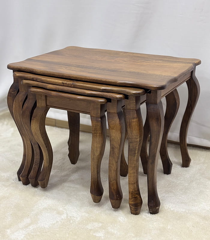061-1 Ceviz Ahşap 4’lü Zigon Sehpa Takımı 65x50x50 cm | Doğal Masif Ahşap Salon Sehpası - Görsel 1